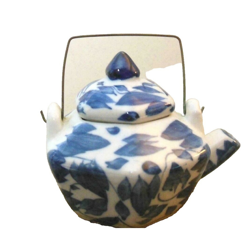 Miniature Tea Pot  Blue and White with Wire‎ Handle